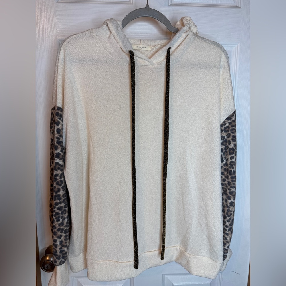 12 Pm By Mon Ami Cream Hoodie with Leopard Print Sleeves Size: M